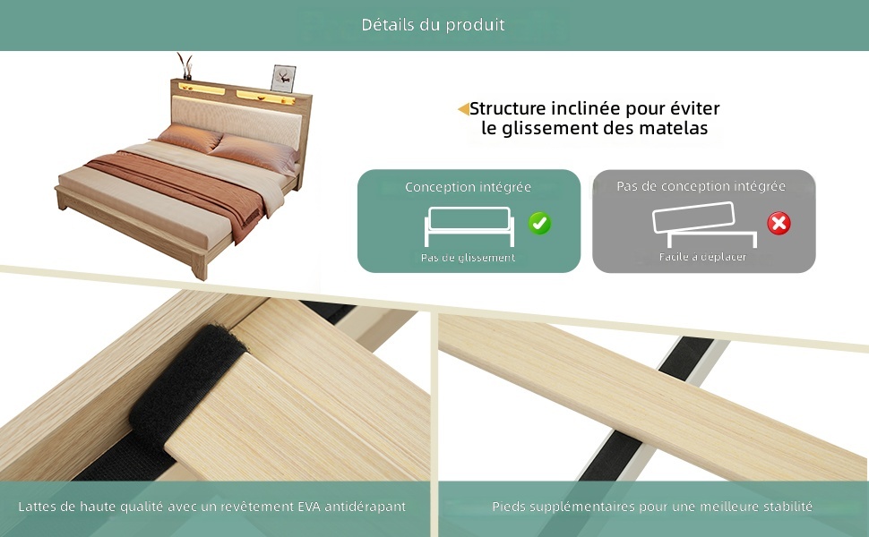 Lit double en bois avec tete de lit rembourree beige et eclairage LED
